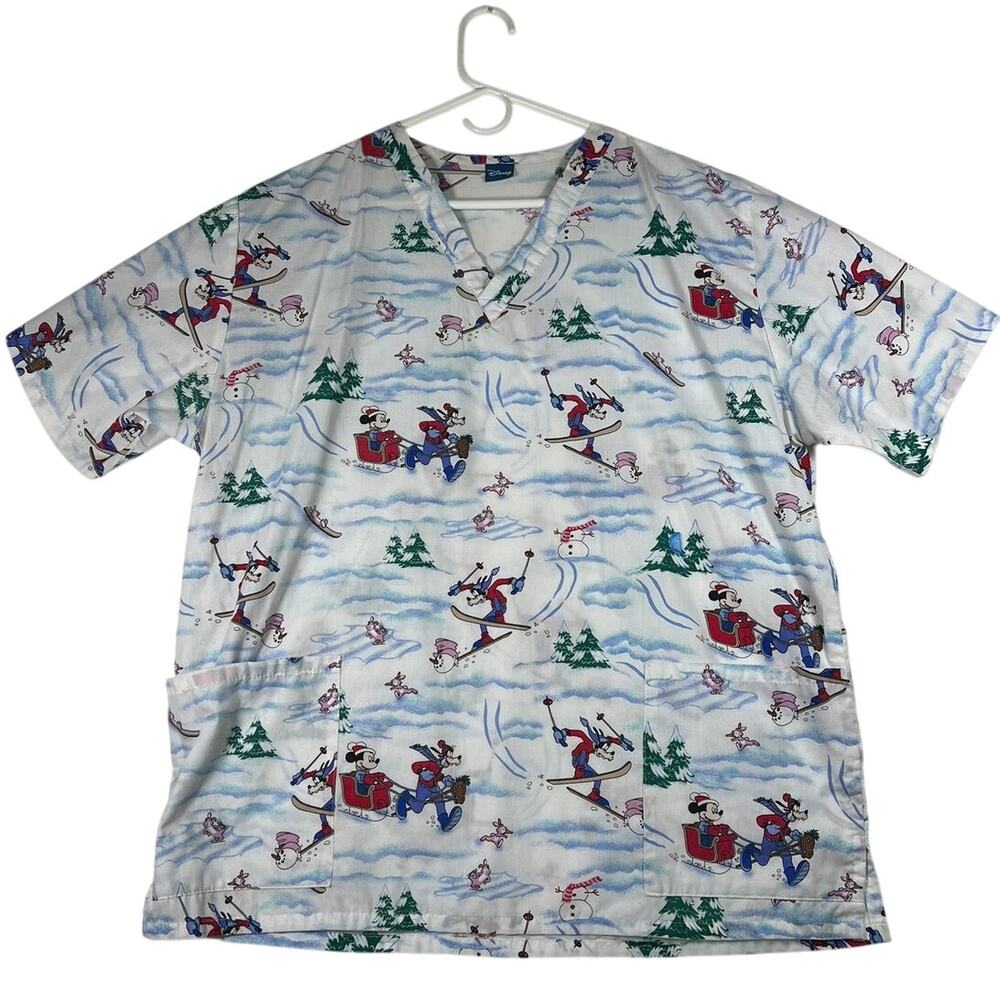 Disney Christmas Scrub Top Unisex L/XL Mickey Minnie Pluto Goofy Medical